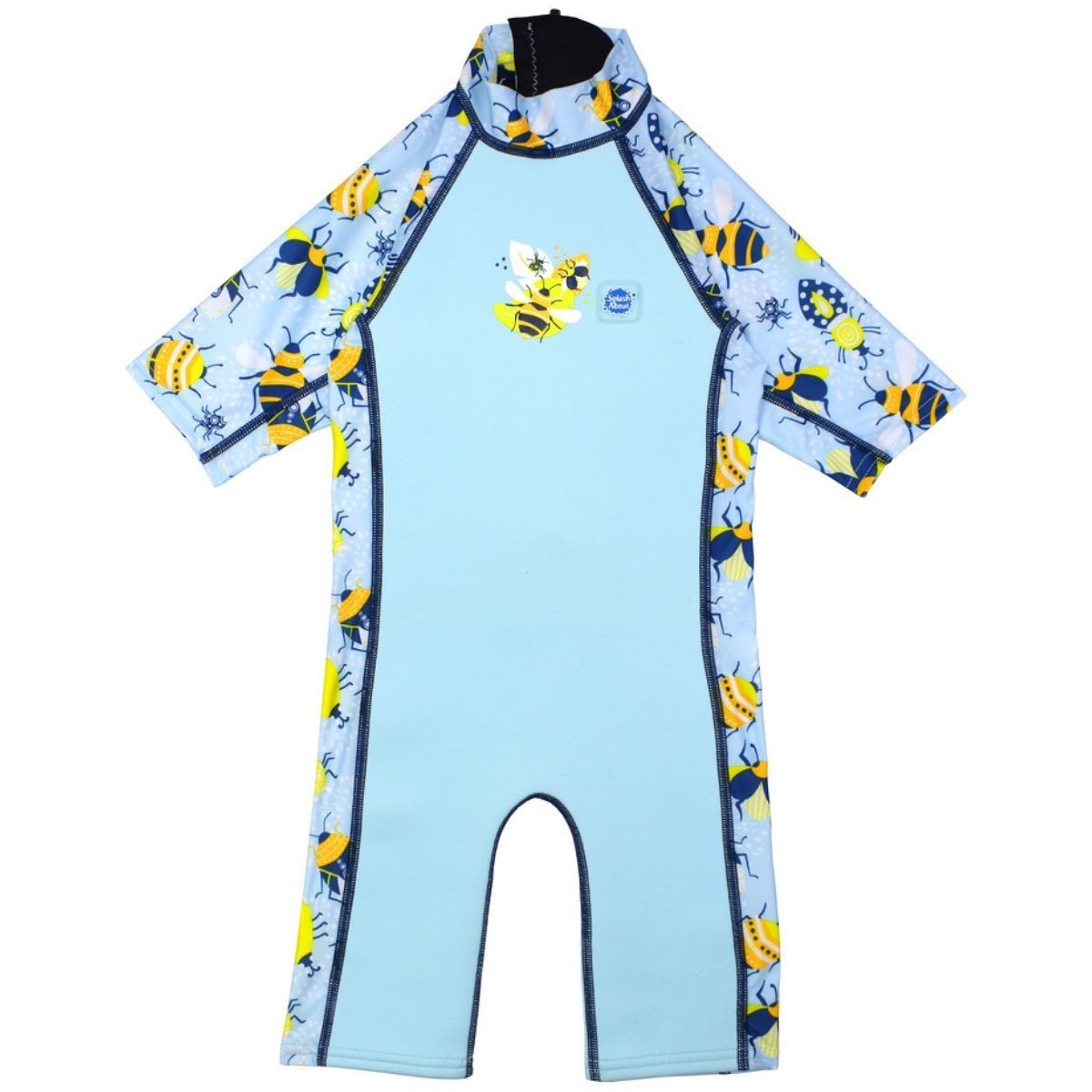 One piece UV sun and sea wetsuit for toddlers in light blue with navy blue trims. Insects themed print on sleeves, side panels, neck and chest. Front.