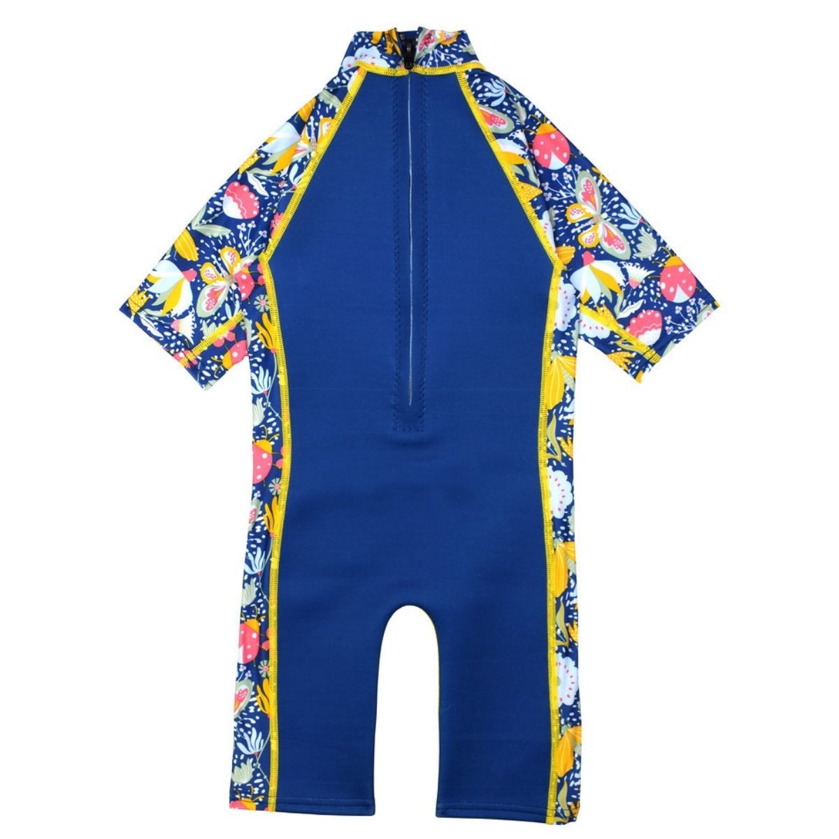 One piece UV sun and sea wetsuit for toddlers in navy blue with yellow trims. Flowers and insects themed print on sleeves, side panels and neck. Back.
