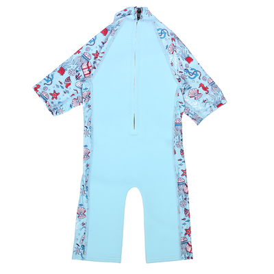 One piece UV sun and sea wetsuit for toddlers in light blue and sea life themed print including starfish, fish, anchors, jellyfish, seahorses and more on sleeves, side panels and neck. Back.