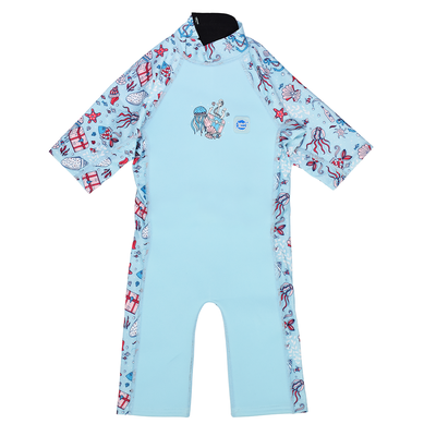 One piece UV sun and sea wetsuit for toddlers in light blue and sea life themed print including starfish, fish, anchors, jellyfish, seahorses and more on sleeves, side panels, neck and chest. Front.