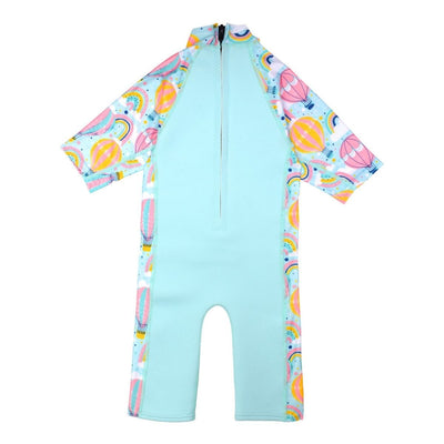 One piece UV sun and sea wetsuit for toddlers in light blue. Hot air balloons themed print including clouds and rainbows on sleeves, side panels, neck and chest. Back.