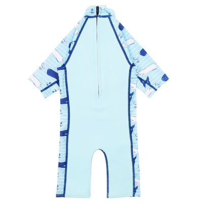 One piece UV sun and sea wetsuit for toddlers in light blue with navy blue trims. Stripes, whales and anchors print on sleeves, side panels and neck. Back.