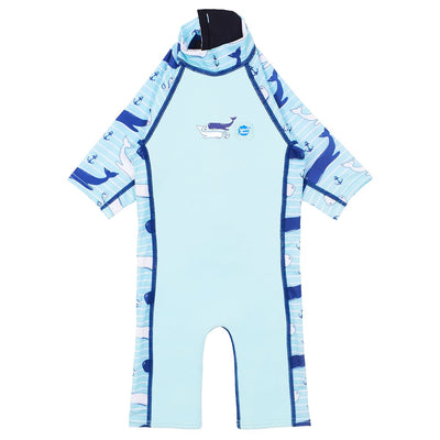 One piece UV sun and sea wetsuit for toddlers in light blue with navy blue trims. Stripes, whales and anchors print on sleeves, side panels, neck and chest. Front.