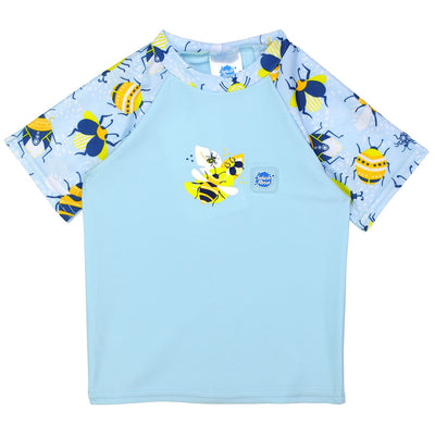 UV protective short sleeve rash top in light blue, and insects themed print on the chest and sleeves. Front.