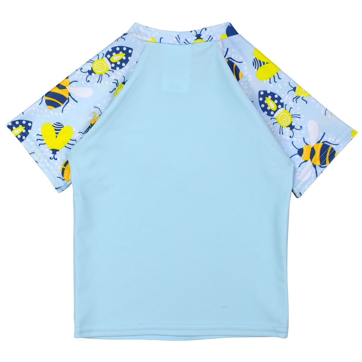 UV protective short sleeve rash top in light blue, and insects themed print on sleeves. Back.