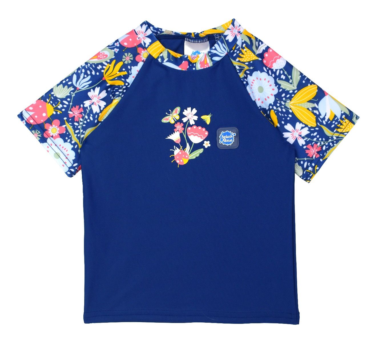 UV protective short sleeve rash top in navy blue, and floral print on the chest and sleeves. Front.