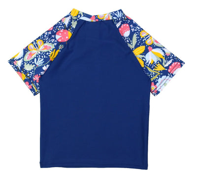 UV protective short sleeve rash top in navy blue, and floral print on sleeves. Back.