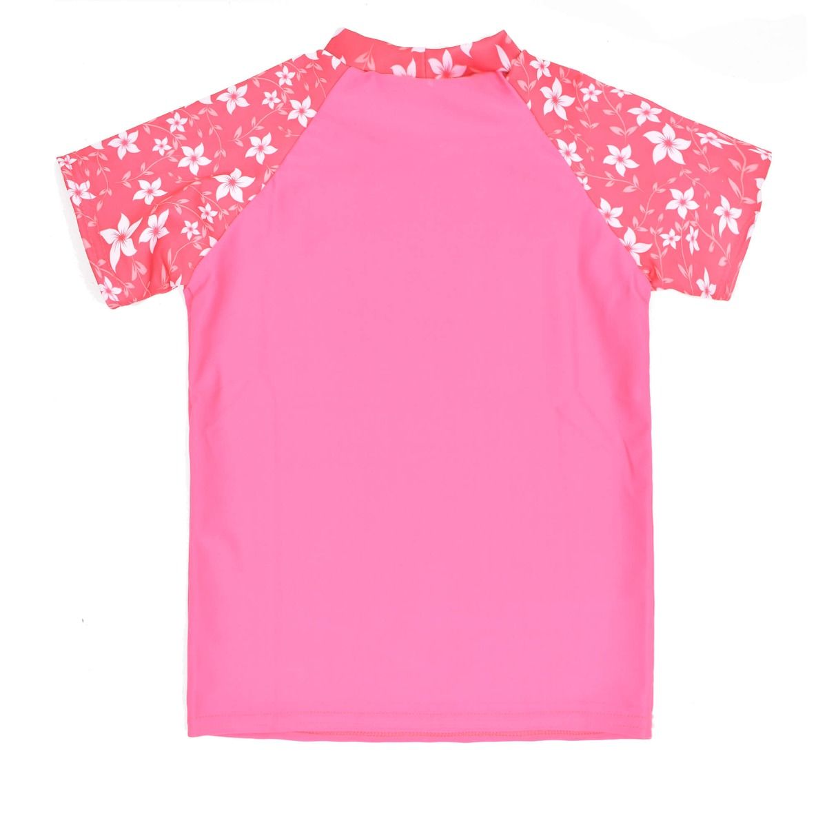 UV protective short sleeve rash top in pink, and floral print on sleeves. Back.