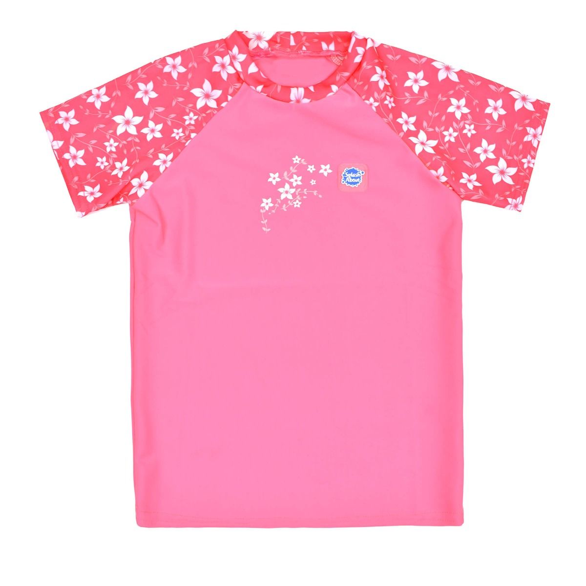 UV protective short sleeve rash top in pink, and floral print on the chest and sleeves. Front.
