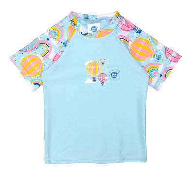 UV protective short sleeve rash top in light blue, and hot air balloons print on the chest and sleeves. Front.