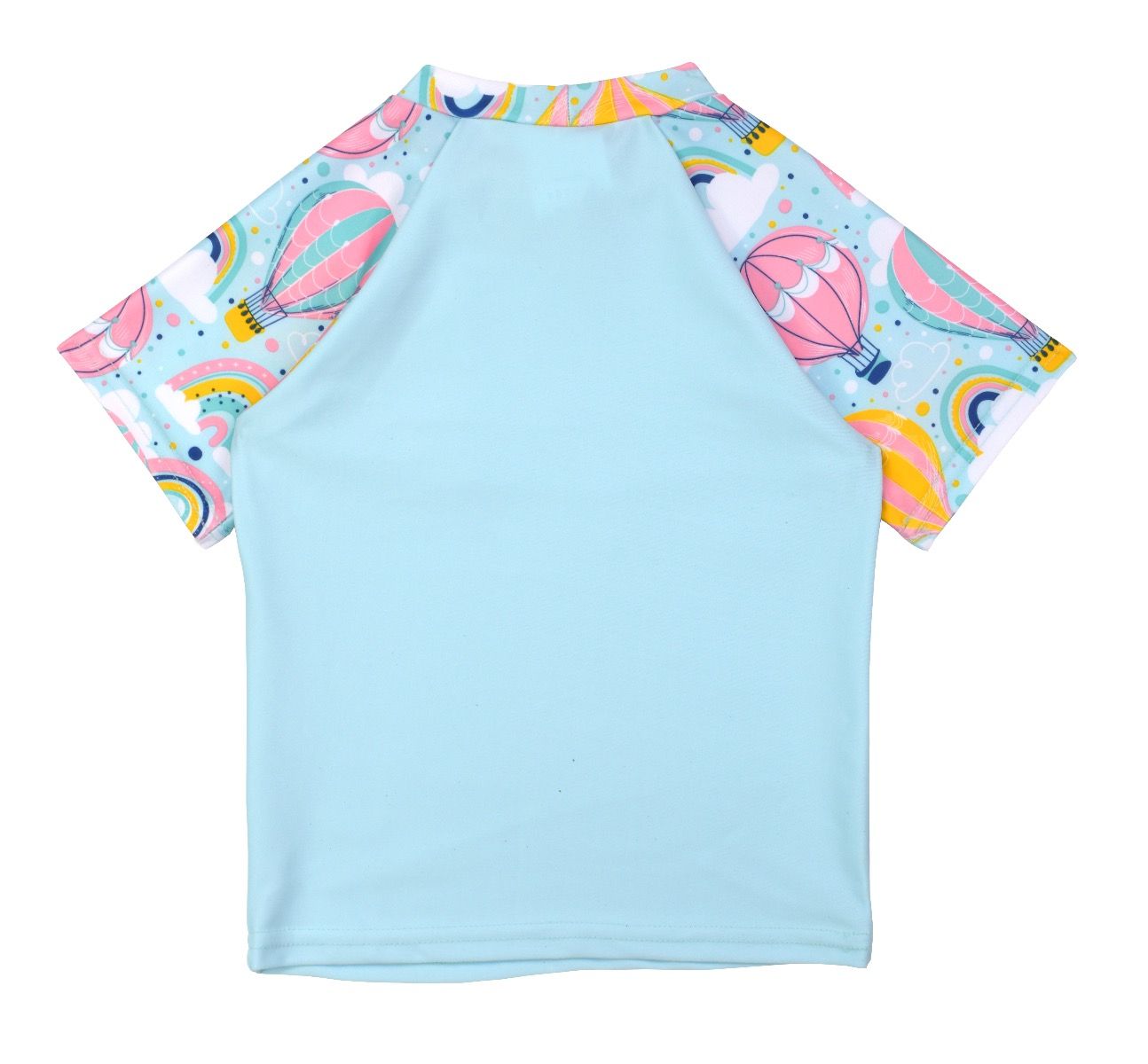 UV protective short sleeve rash top in light blue, and hot air balloons, rainbows and clouds print on sleeves. Back.