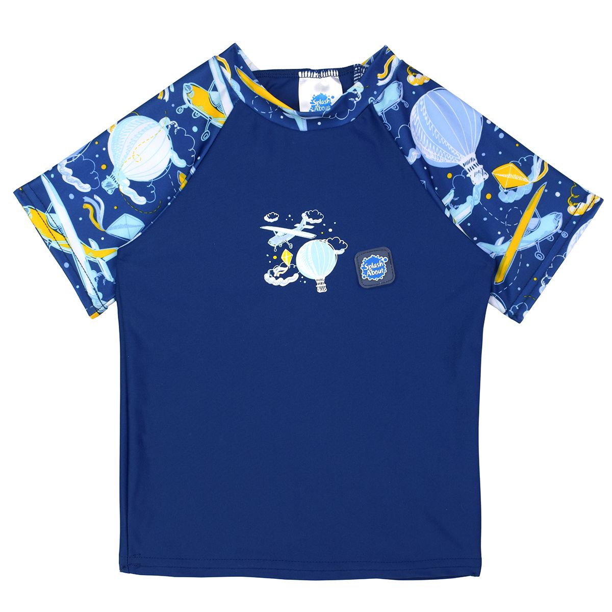 UV protective short sleeve rash top in navy blue, and sky themed print on the chest and sleeves, including airplanes, kites, hot air balloons and clouds. Front.