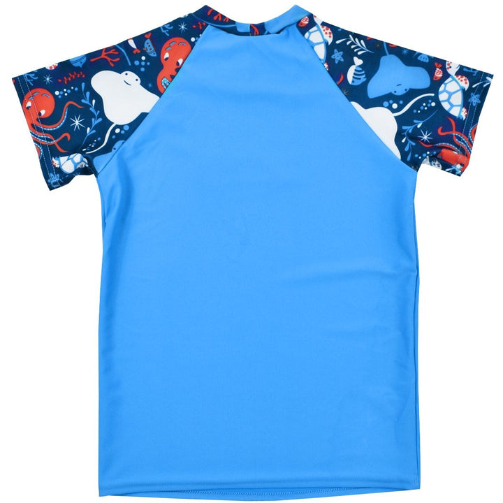 UV protective short sleeve rash top in blue, and under the sea themed print on sleeves, including octopus, turtles, fish ,starfish, stingrays and more. Back.