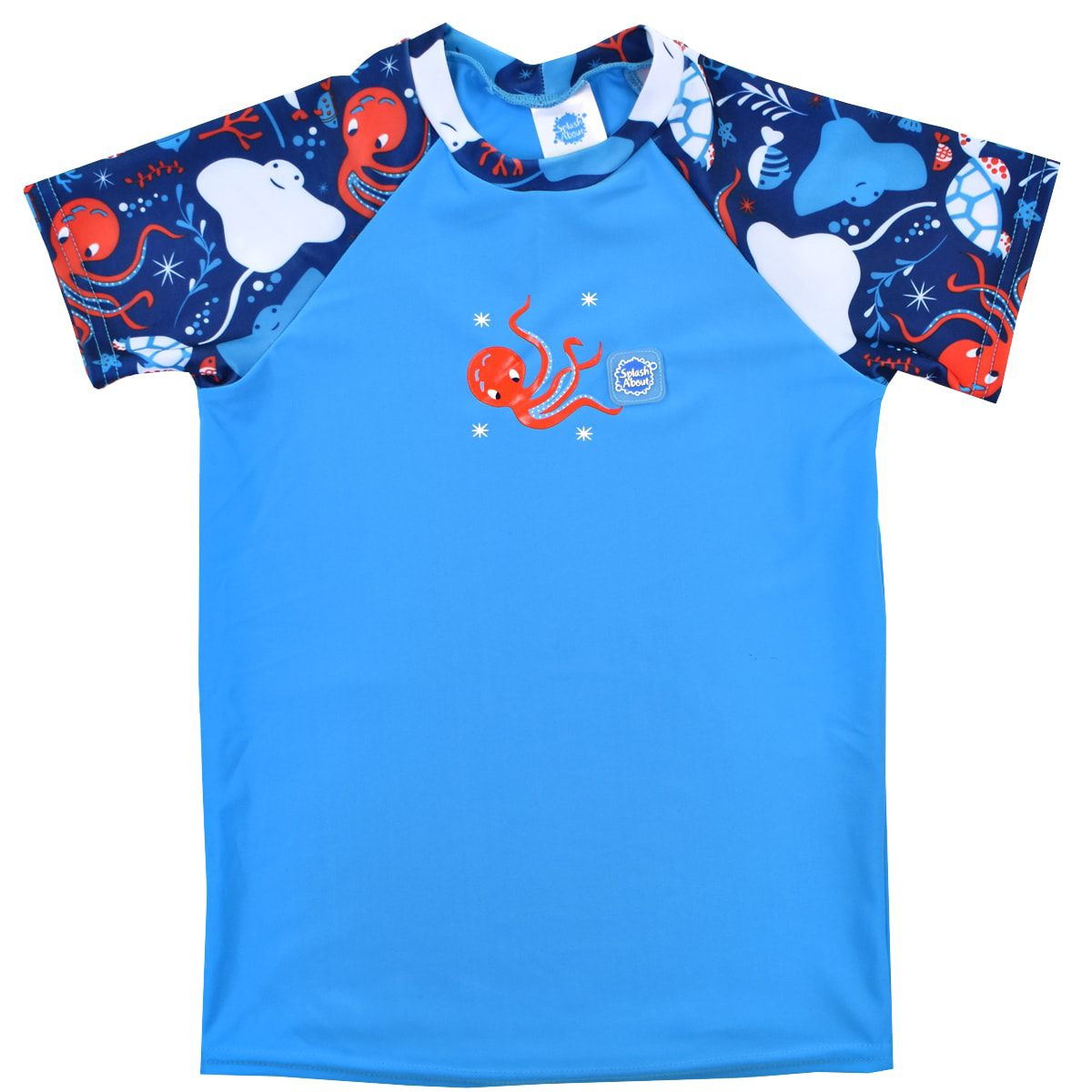 UV protective short sleeve rash top in blue, and under the sea themed print on the chest and sleeves, including octopus, turtles, fish, starfish, stingrays and more. Front.