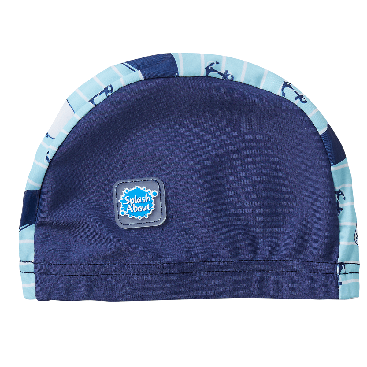 Cute baby swim hat in navy blue with light blue and white strips trims and whales themed print.