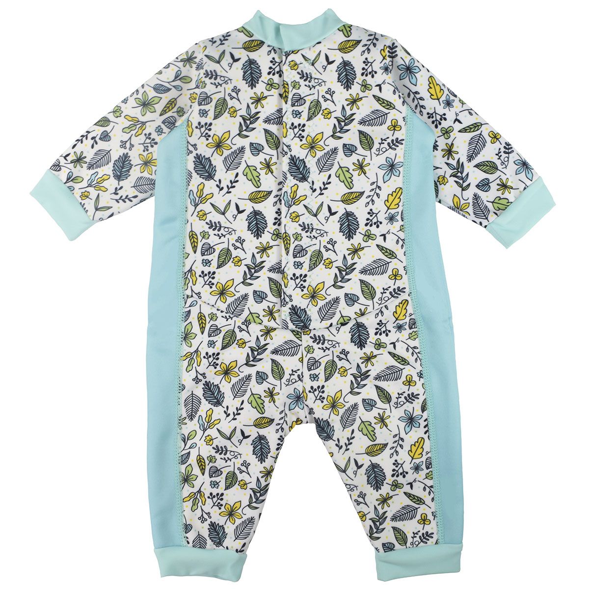 Fleece-lined baby wetsuit in white with light blue trims and leaves themed print. Back.