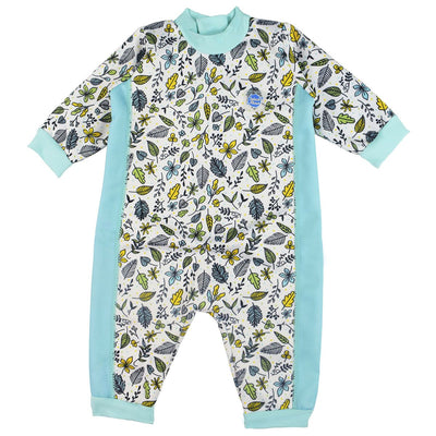 Fleece-lined baby wetsuit in white with light blue trims and leaves themed print. Front.