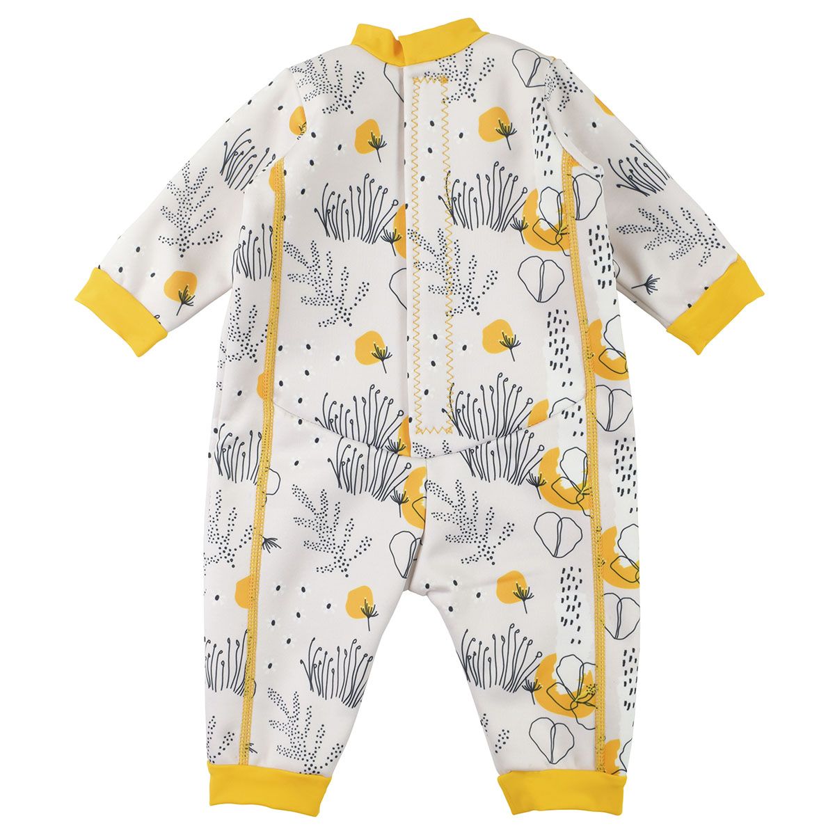 Fleece-lined baby wetsuit in white with yellow trims and minimalist floral print. Back.