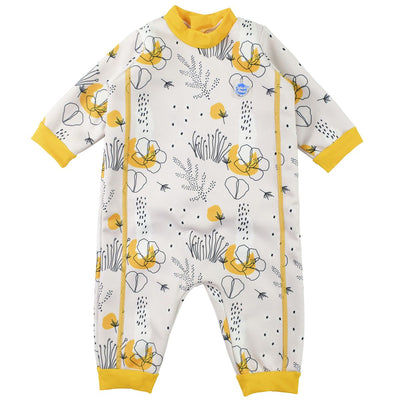 Fleece-lined baby wetsuit in white with yellow trims and minimalist floral print. Front.