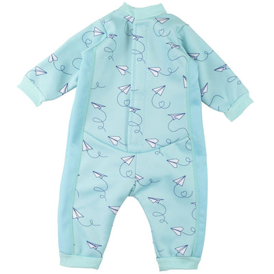 Fleece-lined baby wetsuit in baby blue and minimalist paper planes print. Back.