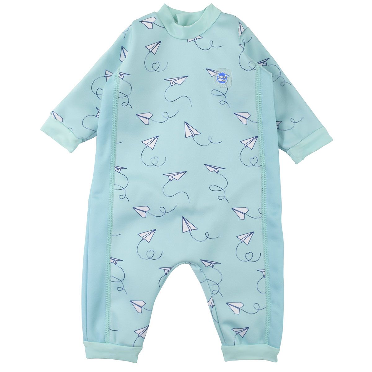 Fleece-lined baby wetsuit in baby blue and minimalist paper planes print. Front.