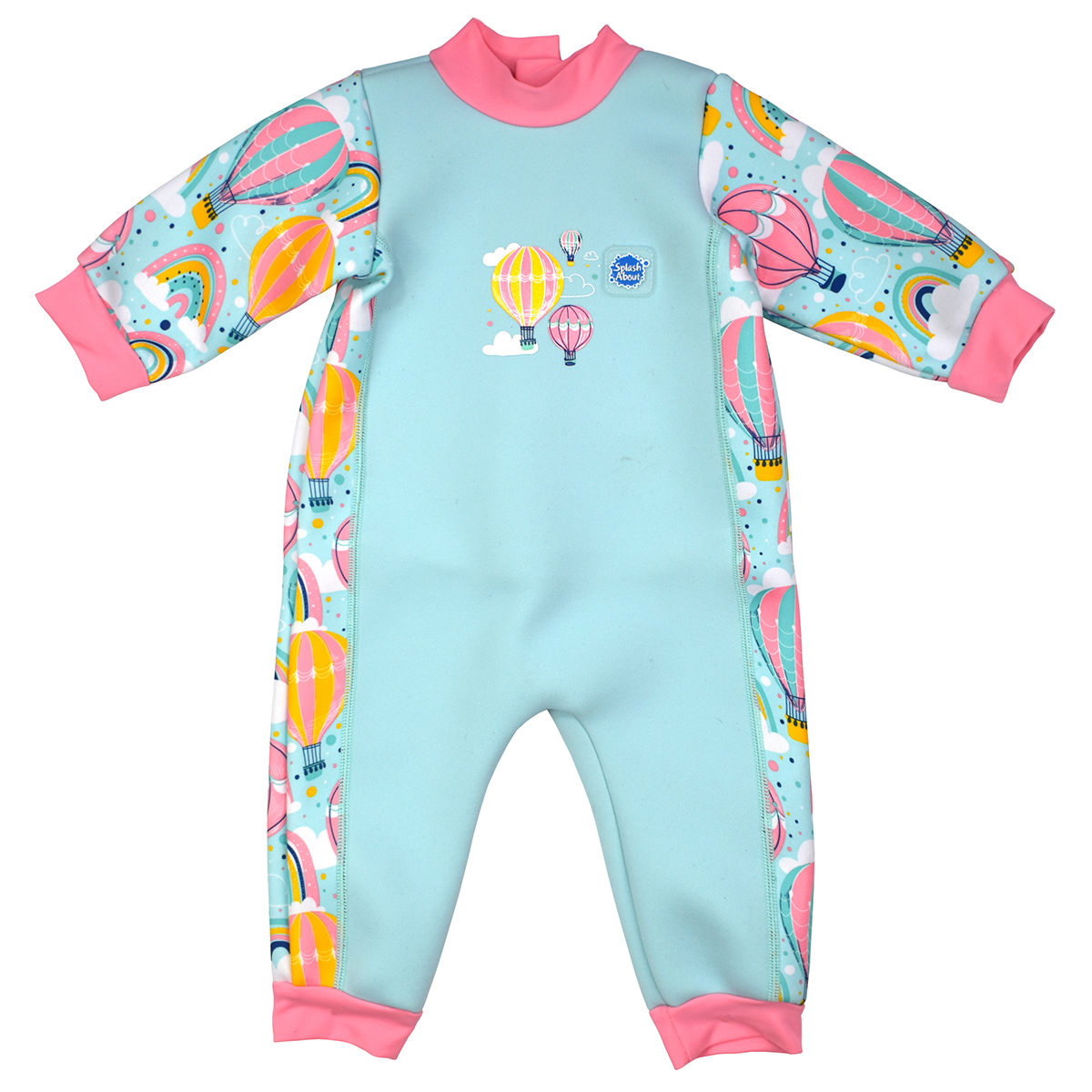Fleece-lined baby wetsuit in baby blue with pink trims and hot air balloons themed print, including rainbows and clouds. Front.