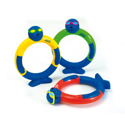3 weighted seal dive rings in each of red green and yellow